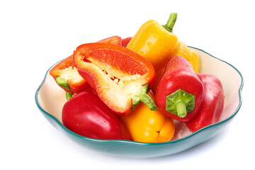 Fresh Colorful Bell Peppers in Glass Bowl on White Background