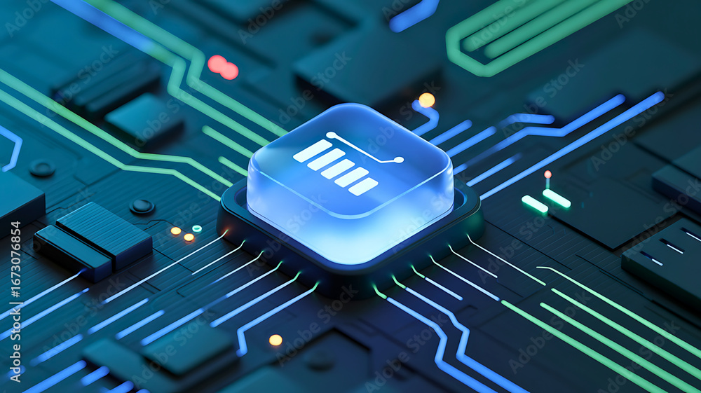 Poster futuristic microchip with a glowing battery icon on a circuit board, symbolizing advanced energy sto