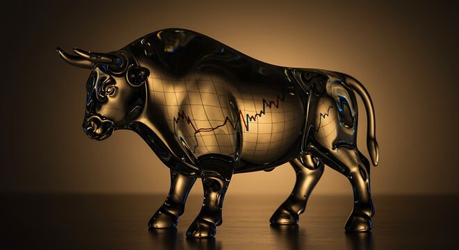 A powerful, metallic bull statue, subtly reflecting stock market graphs and charts on its surface, stands as a symbol of financial strength and optimistic market trends.