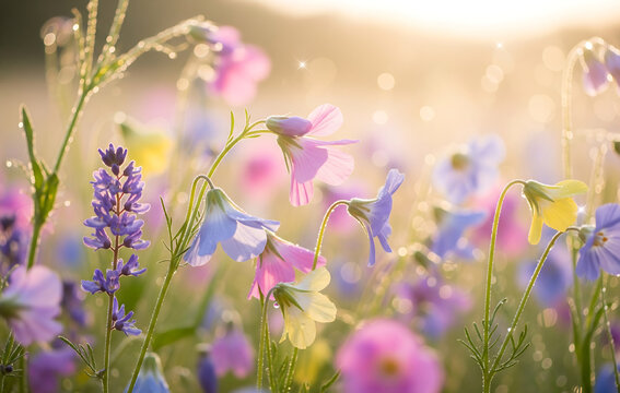 Fototapeta Close-up view of wildflowers in soft pastel colors swaying gently in the wind. Captured with dreamy artistic blur and glowing sunlight, creating a magical nature photography style. Perfect for themes 