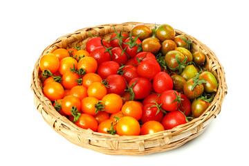 Fresh Tricolor Cherry Tomatoes in Wicker Basket - Colorful Organic Vegetables Still Life Photography
