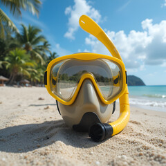 Yellow snorkeling gear on tropical beach