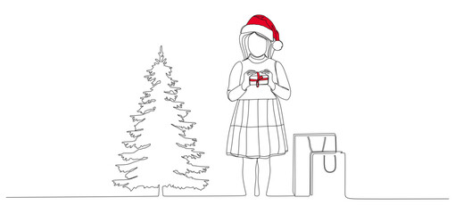 Minimalist line art illustration of a girl wearing a Santa hat, holding a small Christmas gift. She stands beside a Christmas tree with shopping bags placed next to her