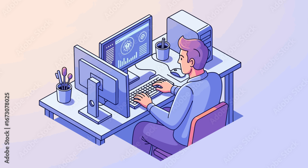 Poster isometric illustration of a man working at a desk with a dual-monitor computer setup, analyzing data