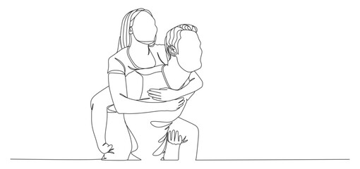 Minimalist line art illustration of a couple, where a woman is riding on a man's back in a piggyback pose. The faceless design emphasizes love, togetherness, and playful romance