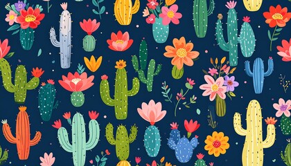 Seamless pattern with cacti and succulent plants, illustration for textile
