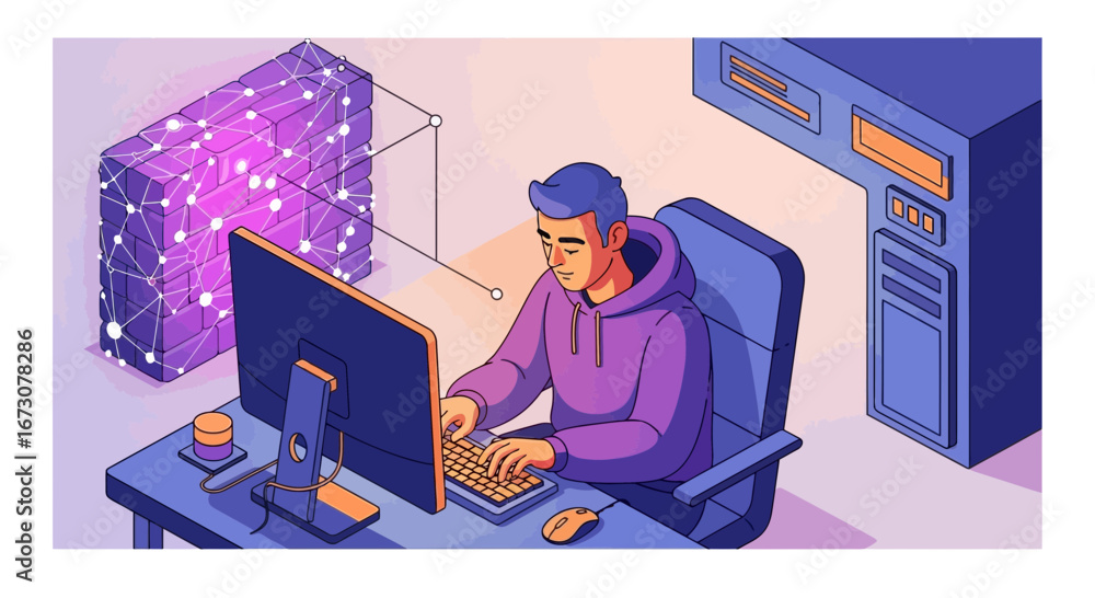 Aufkleber a young male programmer in a hoodie coding at his desk with a holographic data cube and server in an