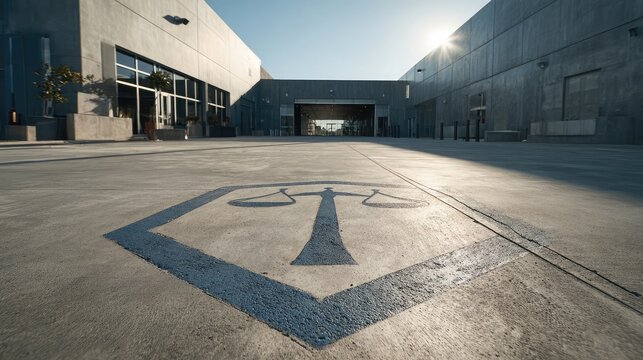 Law enforcement training facility entrance marked with justice symbol symbolizes preparation, ethics, fairness enforcement, authority, structure, governance, law readiness, accountability