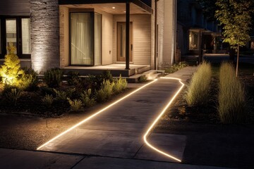 Fototapeta premium A house with a lighted walkway leading to the front door