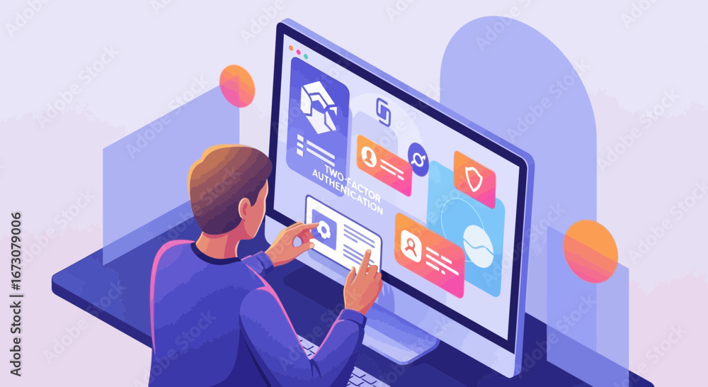 Fototapete isometric illustration of a user experience designer arranging elements on a computer interface.