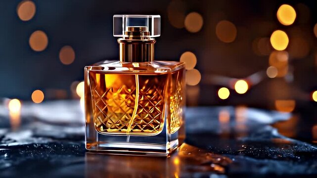 Elegant Perfume Bottle on Reflective Surface with Bokeh Lights