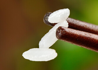 White rice grains held with wooden chopsticks on green background - Asian food staple concept