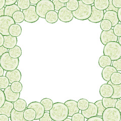 Square frame with hand drawn watercolor illustration of round cucumber fruit slices. Clipart for ecomarket, kitchen menu, food, natural cosmetics label. Template on transparent background.