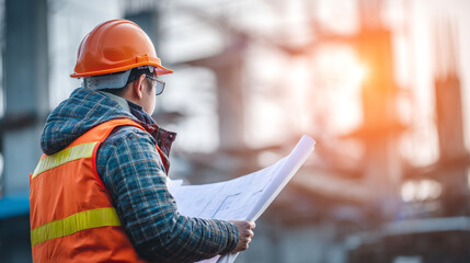 Obraz premium Engineer in orange hard hat reviewing construction plans on site with blurred background