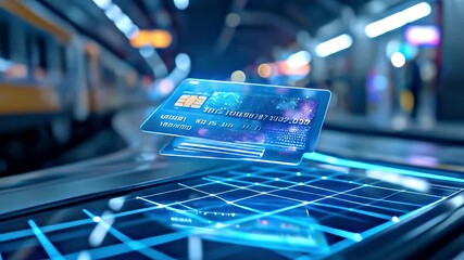 Futuristic Payment: Credit Card on Glowing Digital Grid at Train Station - Powered by Adobe