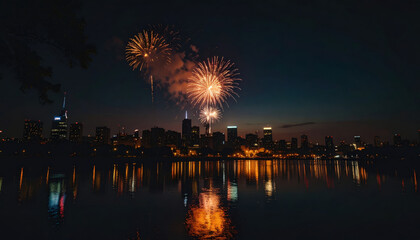 fireworks night sky with a city in the background