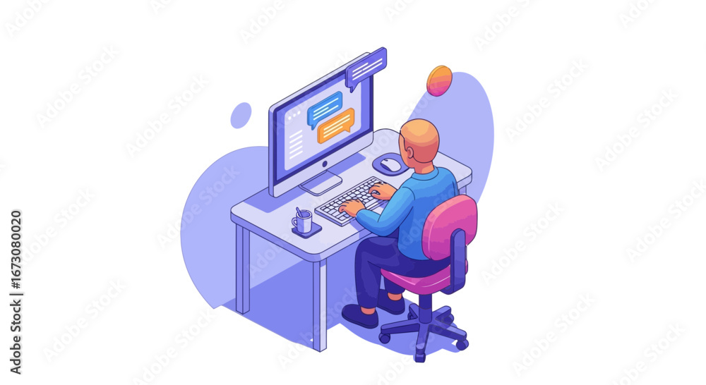 Poster isometric illustration of a person working on a desktop computer, typing on a keyboard at a modern d