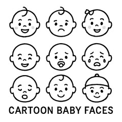 A charming vector illustration showcasing a diverse collection of nine cartoon baby faces, each depicting a unique emotion or expression, ideal for various design projects.