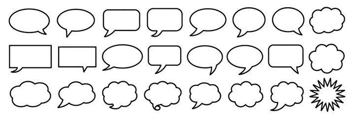 A diverse collection of outline speech bubbles and thought clouds. Vector illustration set of dialogue boxes for communication and comic design.