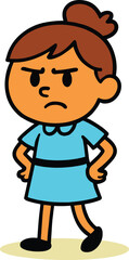 Cartoon illustration of angry girl standing with hands on hips, blue dress, upset expression, vector character design for children education.
