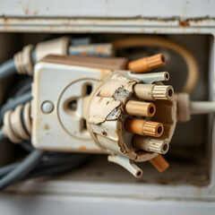 Old and damaged electric adapter power plug has many appliances are plugged outlet socket concept of risk danger overloaded current electrical. Overloaded power plugs, close up