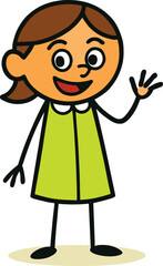 Cartoon illustration of happy little girl smiling, waving hand, wearing green dress, standing character design for children, kids, school, education.