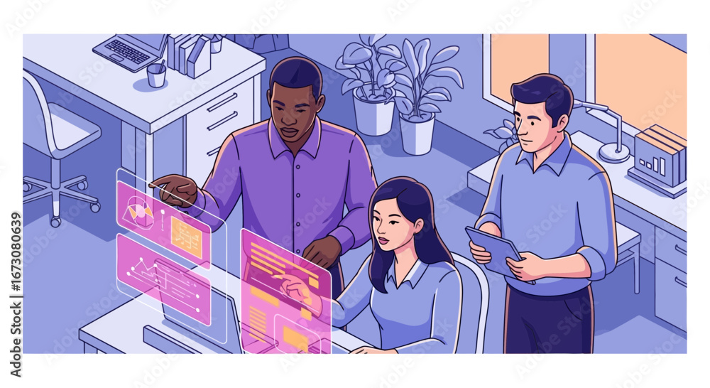 Aufkleber a diverse team of professionals collaborating in a modern office using futuristic holographic comput