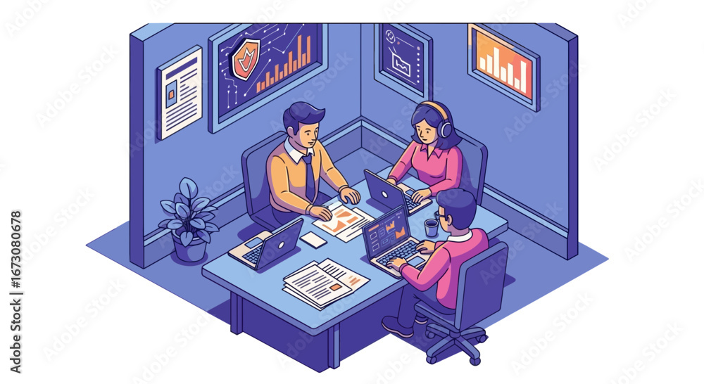 Poster an isometric illustration of three colleagues collaborating in a modern office cubicle with data cha