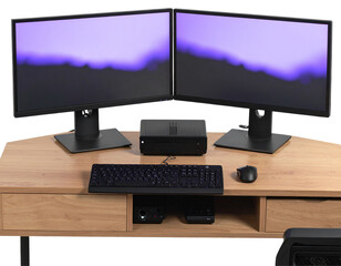 Angled 3D Render of Desktop Computer with Dual Monitors, Transparent PNG