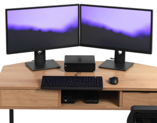  Angled 3D Render of Desktop Computer with Dual Monitors, Transparent PNG