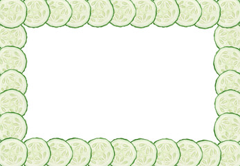 Rectangular frame with hand-drawn watercolor illustration of round cucumber fruit slices. Clipart for ecomarket, kitchen menu, food, natural cosmetics label. Template on transparent background.