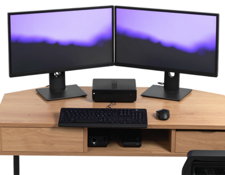  Angled 3D Render of Desktop Computer with Dual Monitors, Transparent PNG - Powered by Adobe
