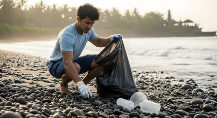 A young man volunteer cleaning up a beach by collecting plastic waste into a garbage bag. Concept of environmental conservation, pollution, and recycling.