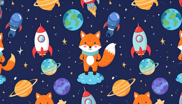Seamless space adventure pattern with fox character rockets planets and stars