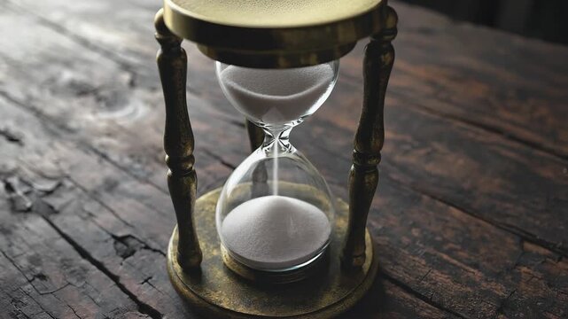 Closeup shot of hourglass with white sand falling slowly through glass chambers, antique timer placed on rustic wooden surface symbolizing time passage patience and countdown concept
