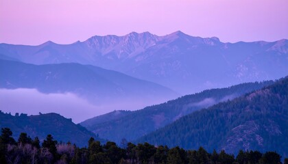 Obraz premium Tranquil mountainous landscape under pastel skies, showcasing depth and atmospheric perspective