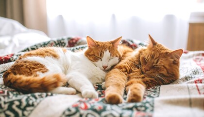 Two adorable ginger and white cats sleeping peacefully on a cozy bed.