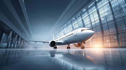 Naklejka premium A white passenger airplane parked inside a modern airport hangar on a shiny floor