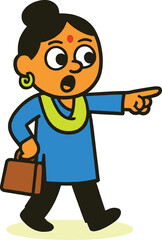 Cartoon illustration of Indian businesswoman pointing direction, confident female character in traditional dress with handbag, expressive pose, modern style, vector.