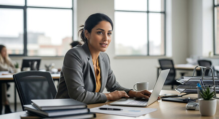 Confident Indian Businesswoman Working on Laptop in Modern Office