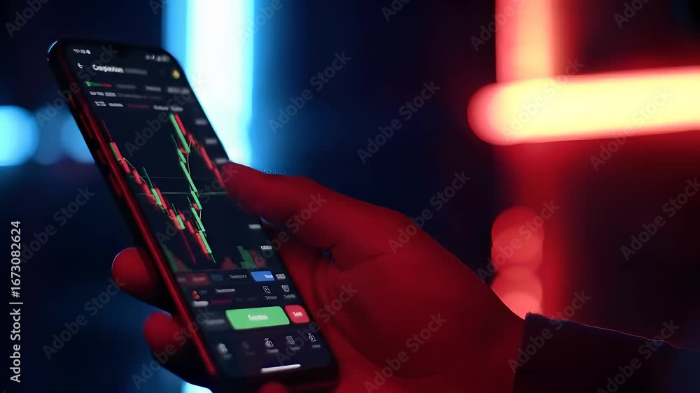Aufkleber person using a smartphone to view stock market data with red and blue lighting in the background