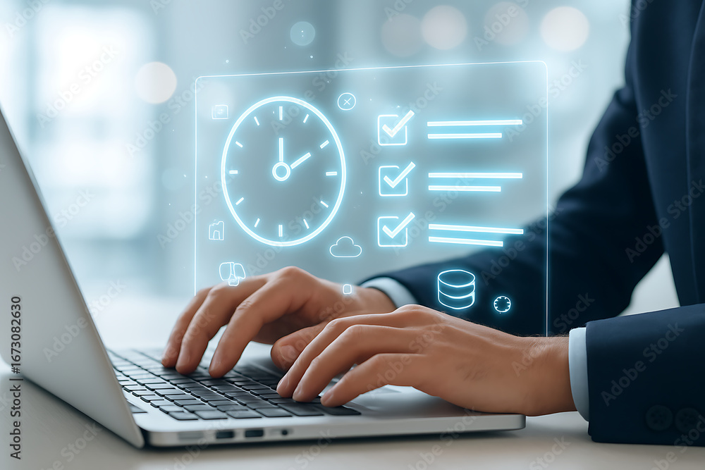 Poster businessman using laptop and working on an efficient and time-saving digital checklist with a clock,