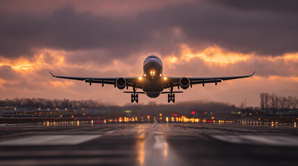 Naklejka premium Airplane taking off at dusk with runway lights and a dramatic sky in the background