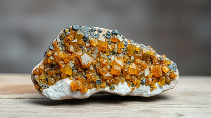 Raw andradite rock mineral sample on wood