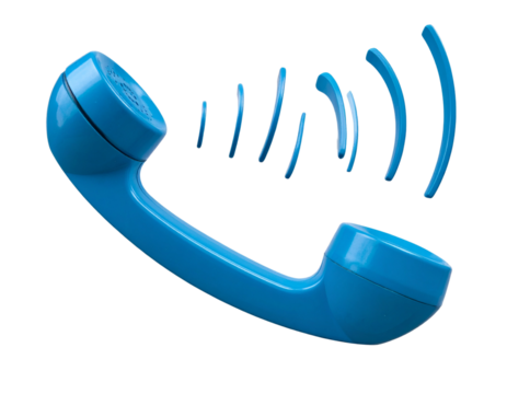 3D Blue Telephone Receiver Icon with Radiating Sound Waves, Front View, Transparent PNG