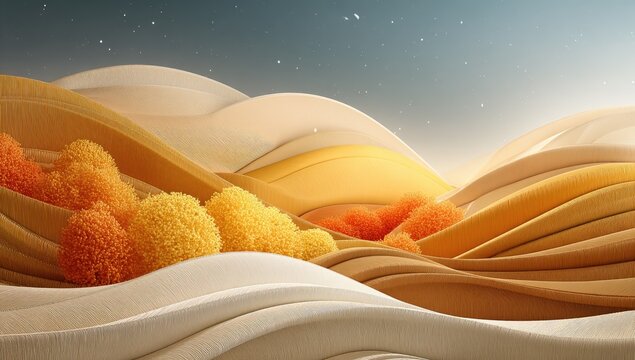 Autumnal landscape, soft curves, warm hues, abstract, stylized - Powered by Adobe