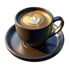 Close-up of a steaming cup of rich dark coffee with latte art on a saucer