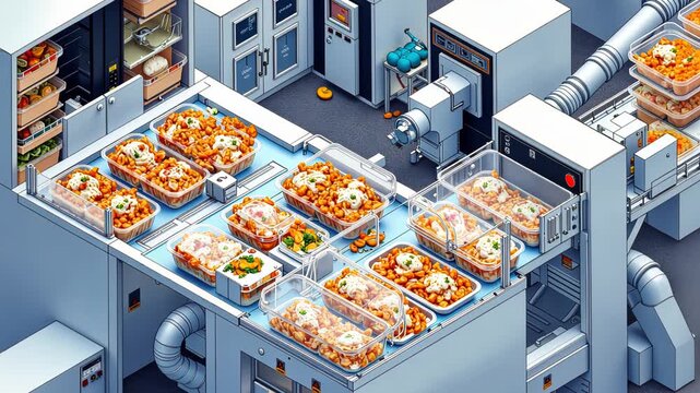 Automated Food Packaging in a High-Tech Factory with Prepackaged Meals on Conveyor System
