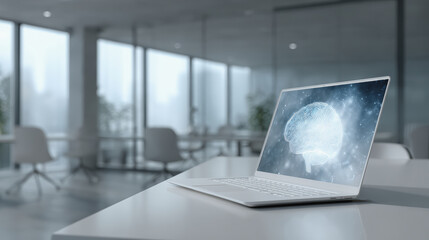 Modern laptop displaying digital brain concept symbolizes artificial intelligence and innovation in sleek office environment