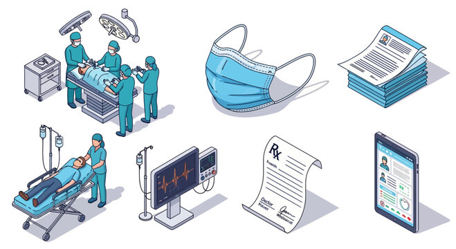 A collection of isometric illustrations depicting various medical and healthcare scenes and objects.